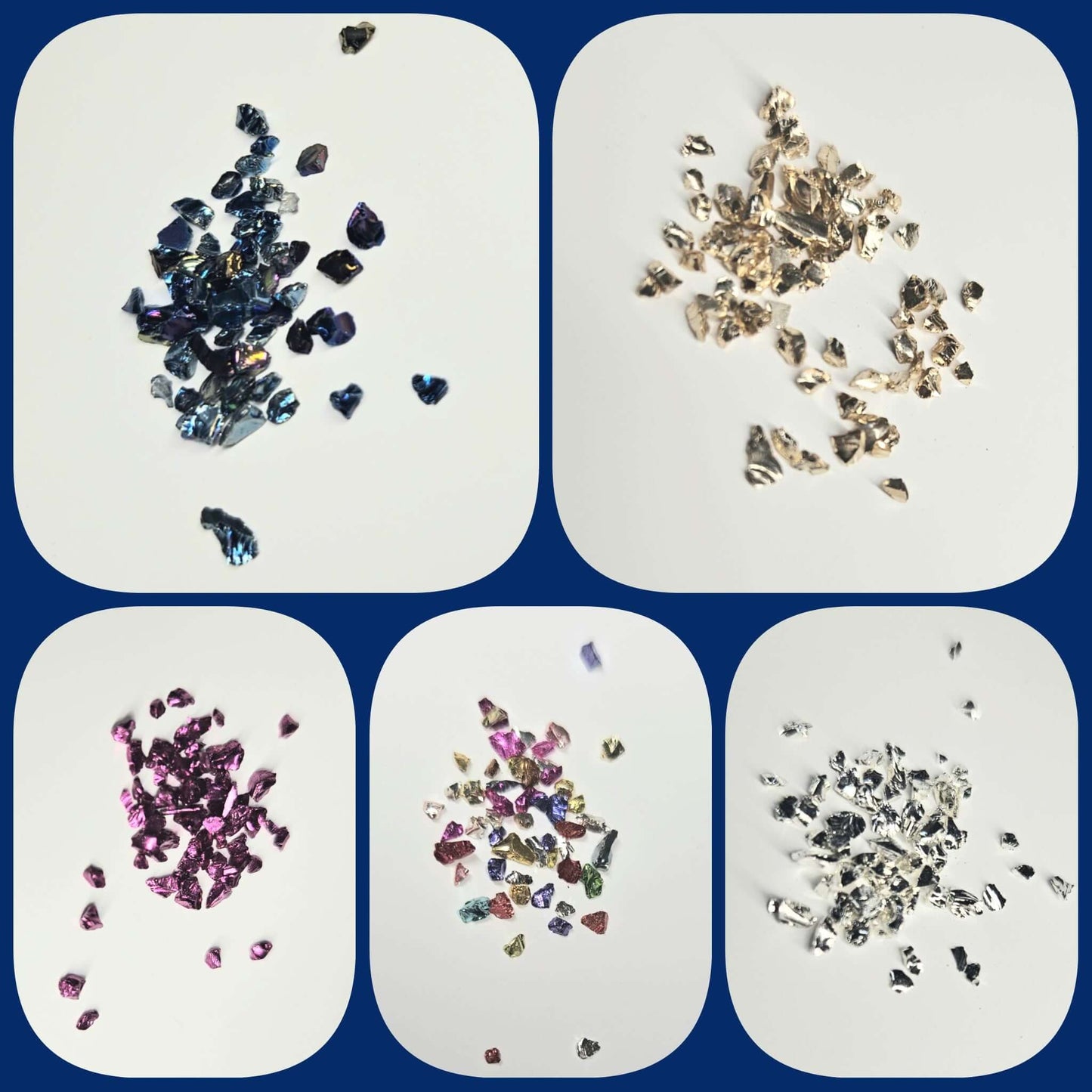 A grid image displaying different cghoices of coloured sparkle fragments which caan be included in the handcrafted trinket pot
